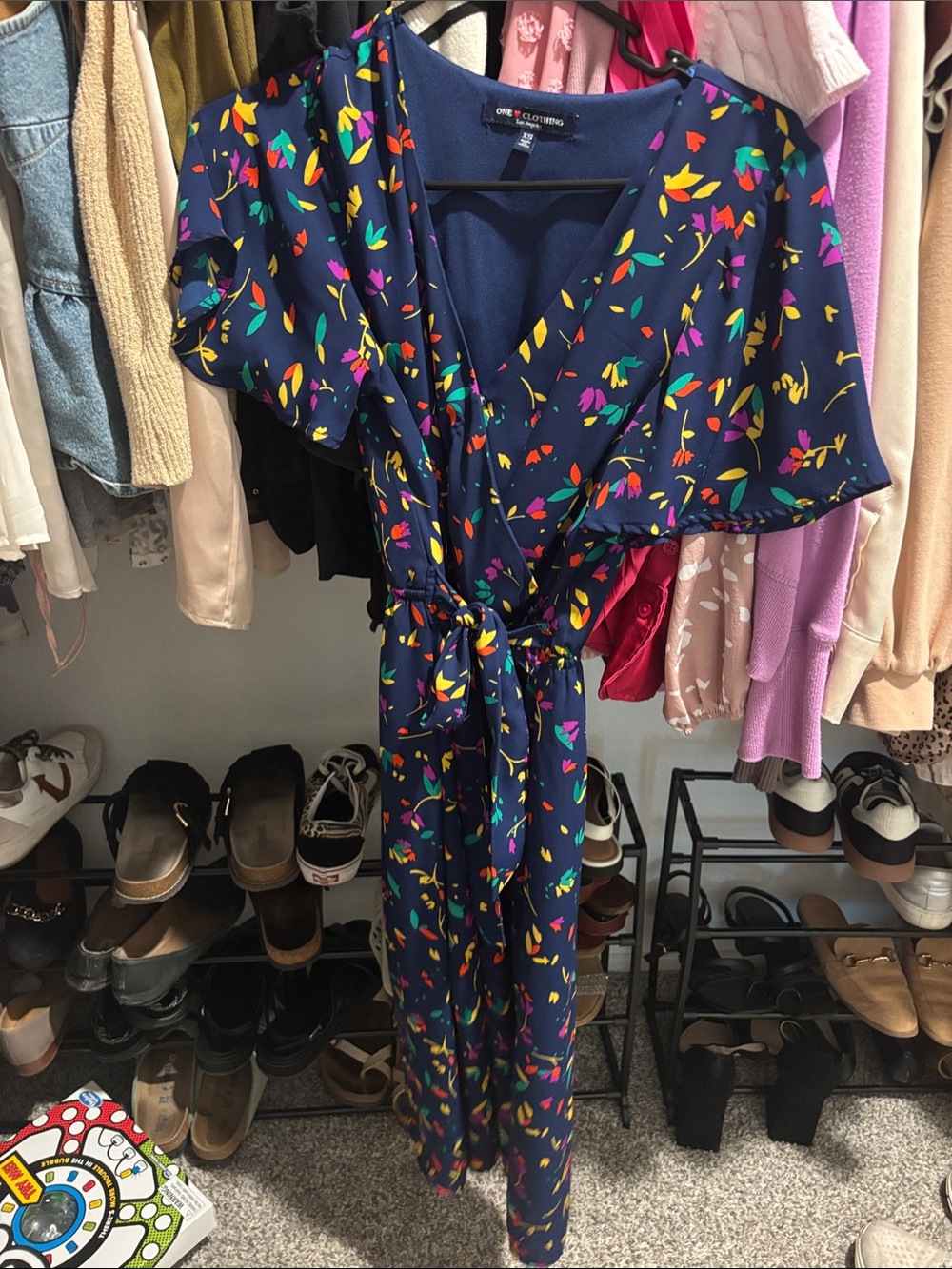 Women's Navy Floral Wrap Jumpsuit with Tie Waist
